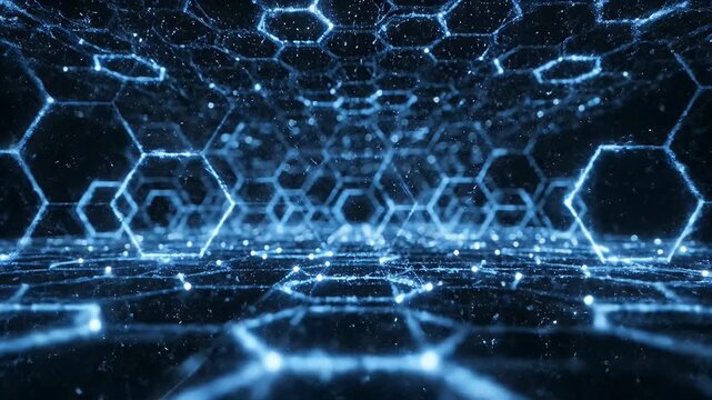 Abstract Blue Hexagon Network - This video features a network of blue, glowing hexagons and interconnected dots on a dark background.
