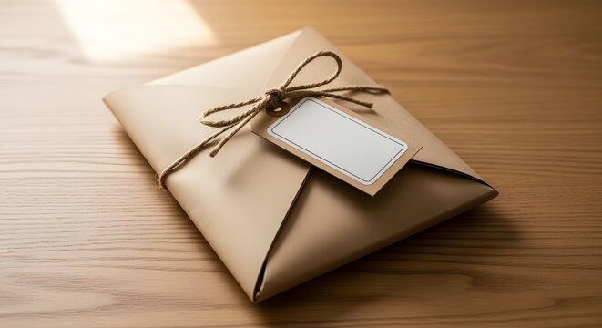 Beautifully wrapped brown paper package with twine and a blank tag on a light wooden table, elegant and rustic presentation.