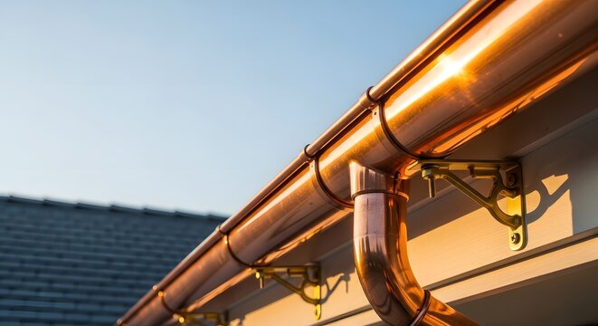 Shiny copper gutter system installed on a house, reflecting sunlight against a clear blue sky.