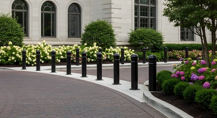 Fototapeta premium A curved paved driveway lined with black bollards and lush green and flowering bushes in front of a grand building.