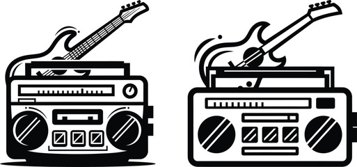 Retro boombox and electric guitar vector illustration with black and white old school boom box cassette illustration instrument collection © NXTall