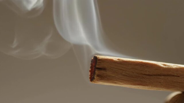 Burning incense stick smoke quiet luxury daily routine with glowing ember wood closeup, minimal soft light, calm meditation aroma fragrance detail
