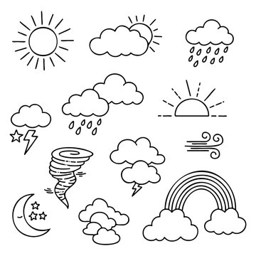 Weather Icon Set With Sun Clouds Rain Rainbow And Tornado Vector Collection