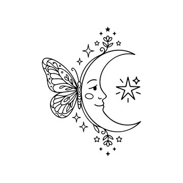 Crescent Moon With Smiling Face And Butterfly Wings Bohemian Vector Illustration
