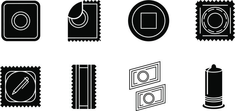 Condom contraceptive icons set safe sex protection birth control latex package vector solid collection symbols