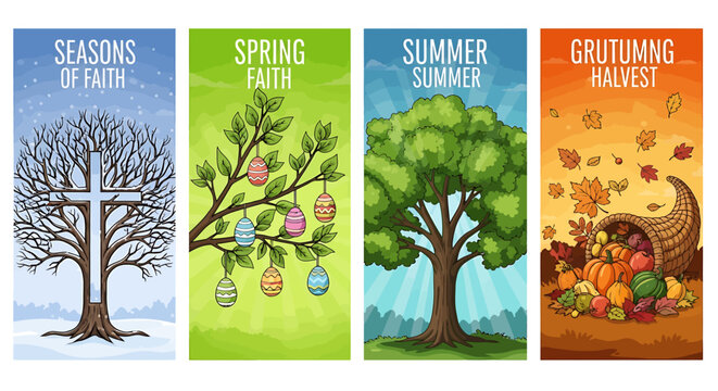 Four seasons of faith tree banners with cross easter eggs fruits and vegetables