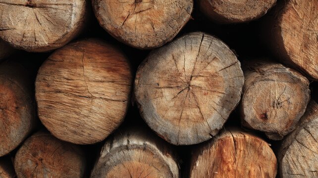 Wooden logs stacked in row, natural texture background