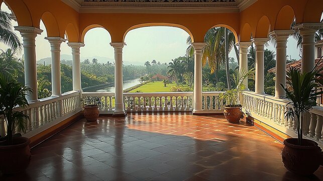 sunlit terracotta terrace with white arches and columns, potted tropical plants and balustrade overlooking a river, lawn and palm trees, tranquil and serene