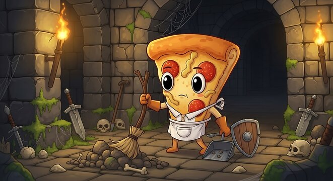 A cartoon pizza slice character stands in a medieval stone dungeon, holding a broom and other cleaning tools with a worried expression