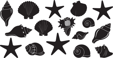 Sea shell sink stencil stamp set. Ocean exotic underwater seashell conch aquatic mollusk, sea spiral snail marine starfish seal brand collection. Tropical beach shells aquatic design illustration © Israt