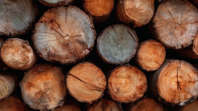 Wooden logs stacked in row, natural texture background