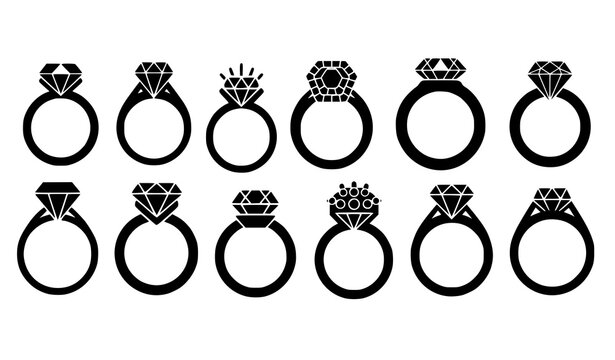 Diamond engagement ring silhouette collection with modern and classic jewelry styles isolated on white