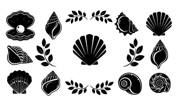 Seashell icon set with clam pearl and botanical wreath silhouette vector isolated on white background