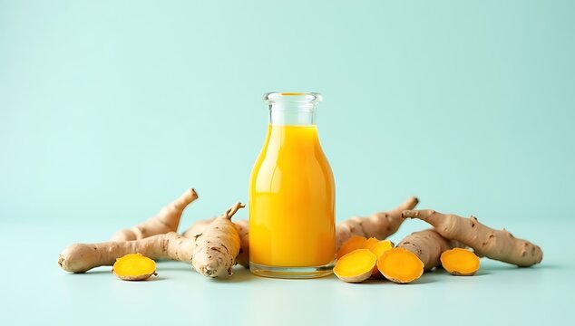 A glass bottle filled with bright yellow turmeric juice placed on a soft pastel background, surrounded by sliced turmeric roots, clean minimal composition
