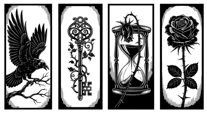 Tattoo designs with bird key hourglass and rose on black and white background
