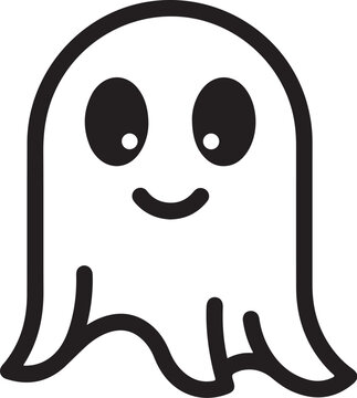 Cute ghost icon, smiling cartoon character, black and white vector, Halloween symbol
