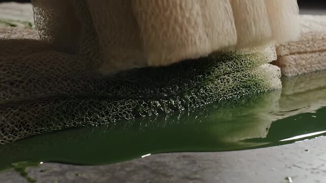 Chemical Spill Absorption with Organic Sorbents - A closeup shows natural fiber sorbents effectively absorbing a green hazardous liquid on an industrial floor.