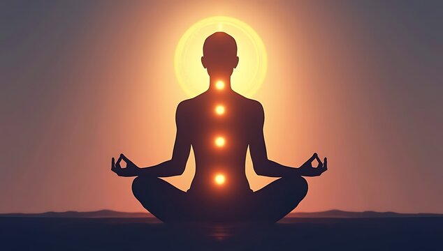 A meditating human silhouette with glowing chakra points aligned and a soft energy aura, minimal gradient background, peaceful composition

