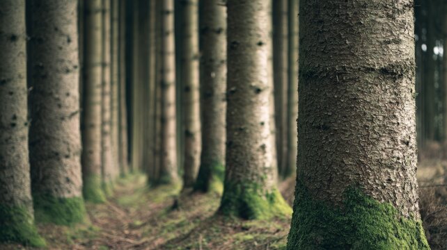 Tree trunks aligned in a forest, compression effect, shallow depth of field