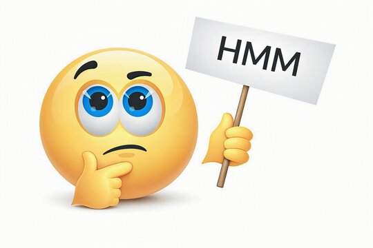 Thoughtful emoji pondering with a speech bubble saying hmm
