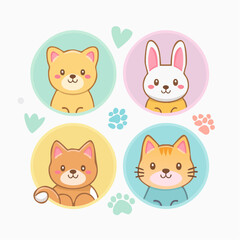 Fototapeta premium Cute Kawaii Animals Set: Dog, Cat, Rabbit Illustrations in Circles