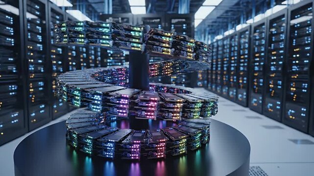 Computer Memory Modules in Spiral Formation - This video shows computer memory modules arranged in a spiral formation, sitting on a platform inside a modern data center.