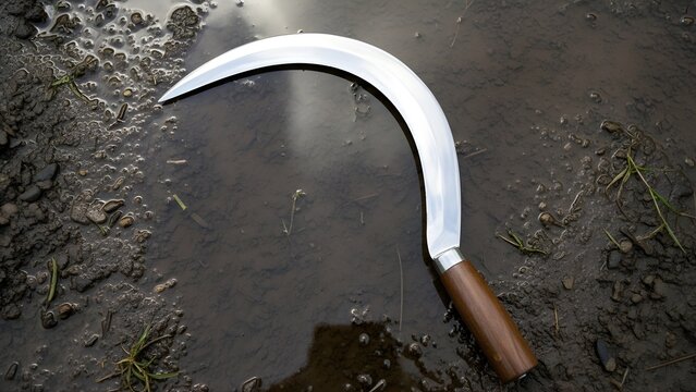 A sharp, gleaming steel sickle rests on wet, muddy ground, reflecting the sky, symbolizing hard work and traditional agriculture