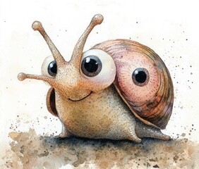 Fototapeta premium Smiling watercolor snail with oversized glossy eyes, textured spiral shell and playful expression on speckled paper with paint splatters