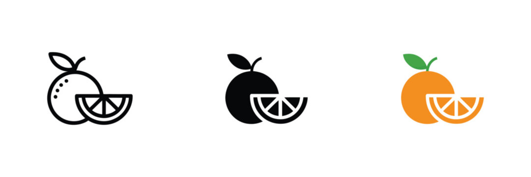 Orange fruit icon set with citrus slice in line filled outline and solid styles fresh fruit juice grocery symbol vector illustration