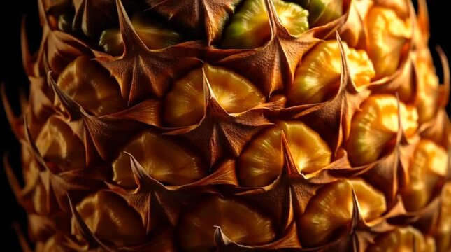 Extreme Macro 4K Rotating Pineapple Texture &ndash; Golden Spiky Skin Close-Up Spinning Slowly on Black Background