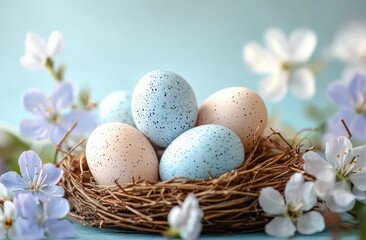 Obraz premium speckled pastel eggs nestled in a bird nest amid delicate spring blossoms, serene and tender atmosphere