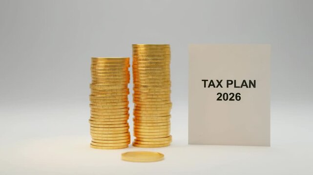Tax planning tax plan coin finance saving budget investment concept with gold coin stack, tax plan note, accounting audit calculator strategy document