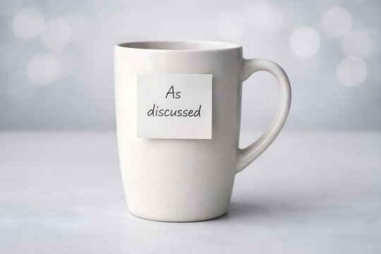 White Coffee Mug with Sticky Note &ldquo;As Discussed&rdquo; &ndash; Corporate Humor Minimal Concept