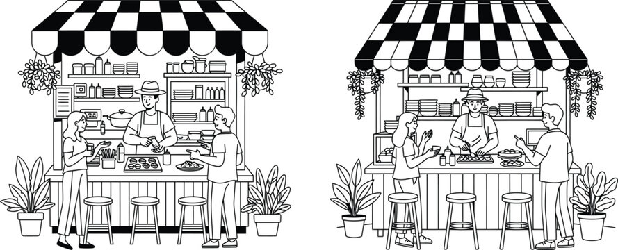 Vector illustration of two market stalls with awnings and plants market stand black and white vegetables commerce shopping merchandise building