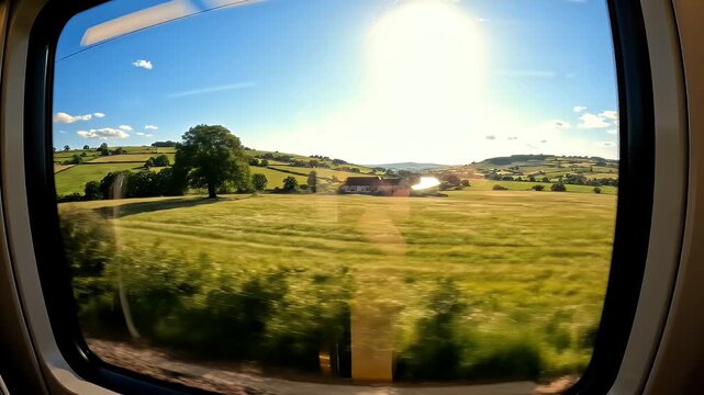 Countryside View from Train Window on Sunny Day - This shot shows a lush green countryside view through a train window on a bright, sunny day.