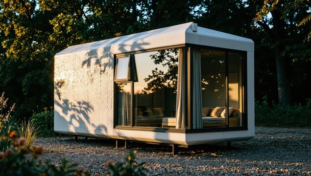Modern modular tiny house cabin nestled in peaceful woodland setting during golden hour sunset with large glass windows reflecting nature surroundings and warm interior lighting for cozy living space