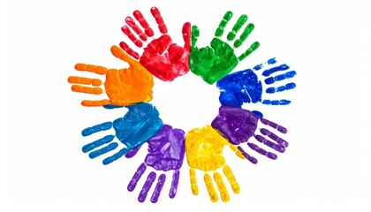Fototapeta premium Eight vibrant handprints arranged in circular symmetry on white background, symbolizing unity, diversity, creativity, teamwork, and community collaboration through bold colors and expressive design.