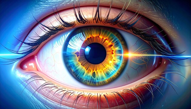 Close-up human eye with fiery orange, yellow, and blue iris, luminous reflection, cool-toned sclera, surreal contrast, symbolizing perception, vision, energy, and expressive artistic detail.
