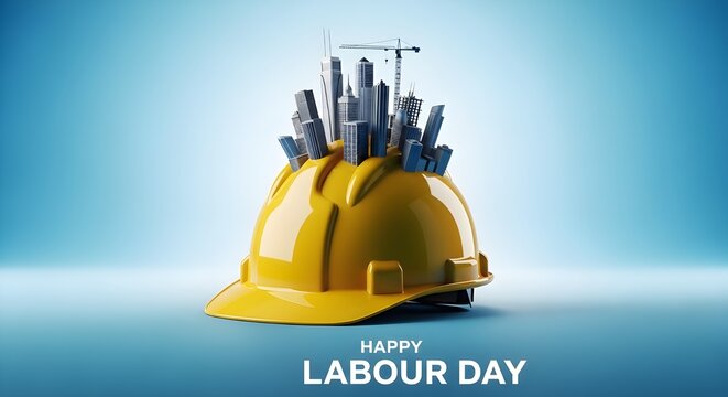 Yellow hard hat with cityscape on labour day celebration background