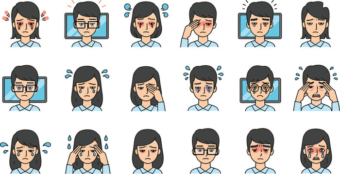 Stressed Office Workers Avatar Set with Eye Strain Fatigue and Headache Symptoms for Healthcare Articles Medical Infographics Digital Wellness and Workplace Burnout Awareness