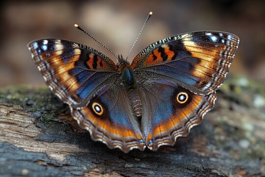 Colorful butterfly with open wings displaying blue and orange eyespots and detailed scales, antennae visible, resting serenely on weathered wood