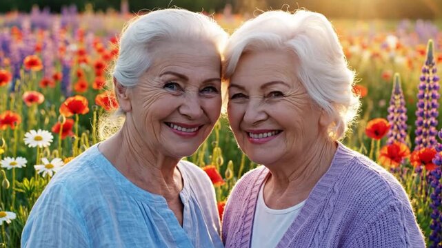Senior women being Best friends forever in a sunlit flower field