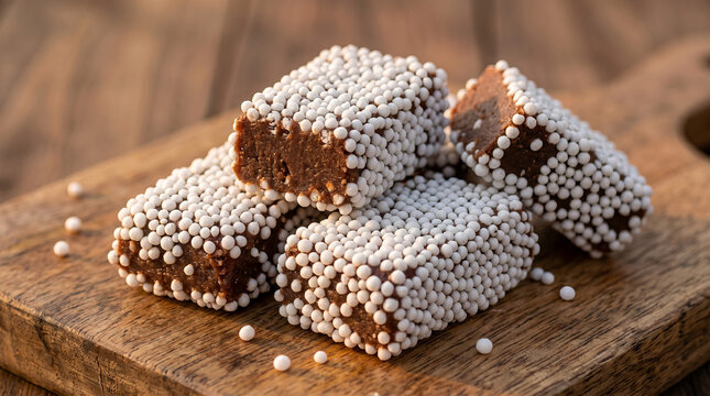 Famous Uttarakhand Bal Mithai with Chocolate Texture and Sugar Beads. A signature sweet from Almora, Uttarakhand, made with roasted milk solids and coated with white sugar balls.