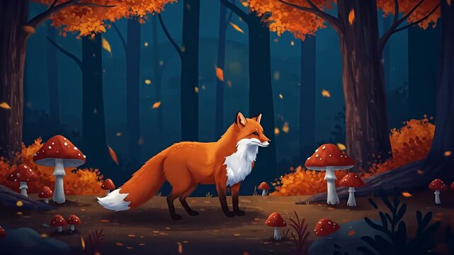 Cartoon style fox amid fly agaric mushrooms in an autumnal forest scene