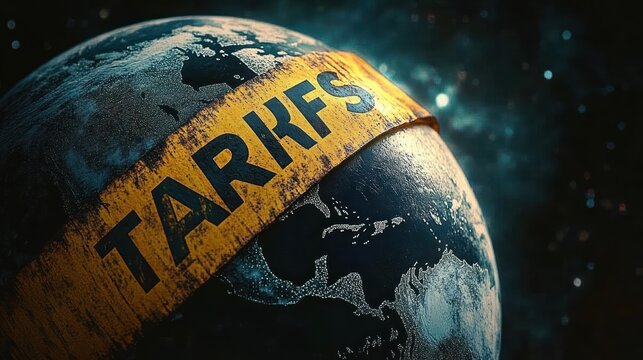earth bound by weathered yellow tape reading tarifs against a dark starry space backdrop, conveying warning, tension and global restriction