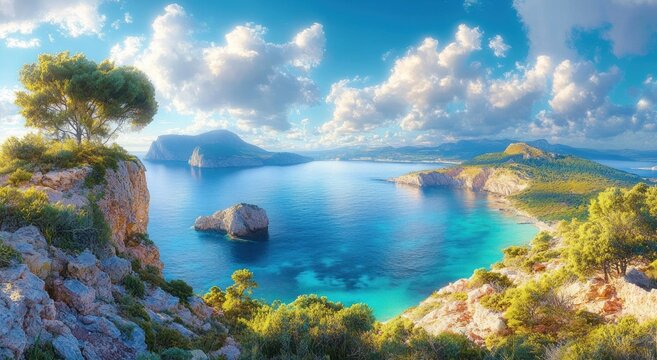 Sunlit cliffs and pine trees overlooking a tranquil turquoise bay with rocky islets, distant islands, sparkling water and dramatic fluffy clouds