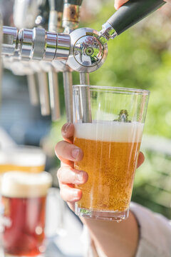 Freshly brewed draft beer poured from tap into glass outdoors