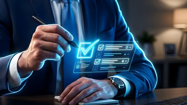 Businessman in a blue suit using a stylus to check off items on a glowing holographic digital checklist interface for task management, completion, and workflow efficiency.