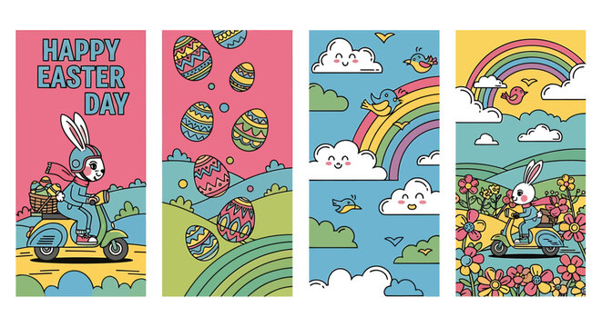 Easter bunny rides scooter under colorful rainbow sky with clouds and flowers on happy easter day