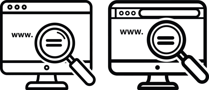 Computer screen displaying a web browser with a magnifying glass hovering over the website address bar computer magnifying internet analysis